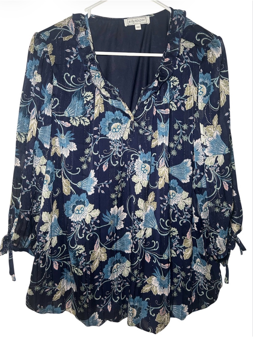 Blousology Navy Floral Peasant Blouse Flowy Comfort Light Plus Size 2XL Long Sle